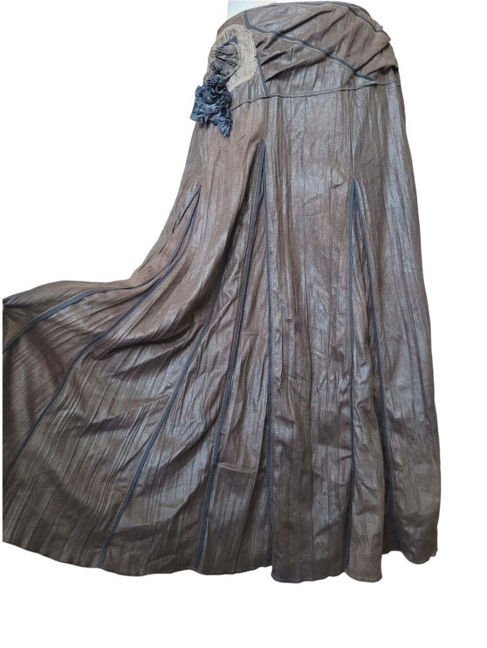 Vintage Whimsigoth Flared Maxi Skirt with Fabric Flower Chocolate Brown